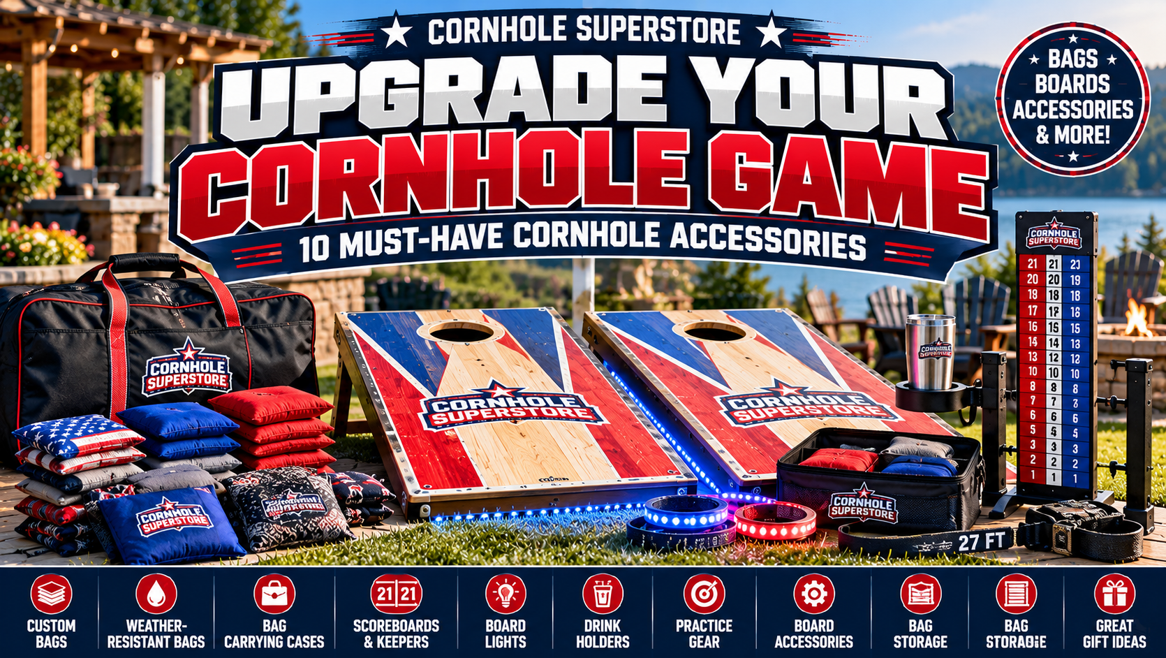 Cornhole accessories guide featuring carrying cases, cornhole bags, scorekeepers, board lights and other equipment for backyard and competitive players.