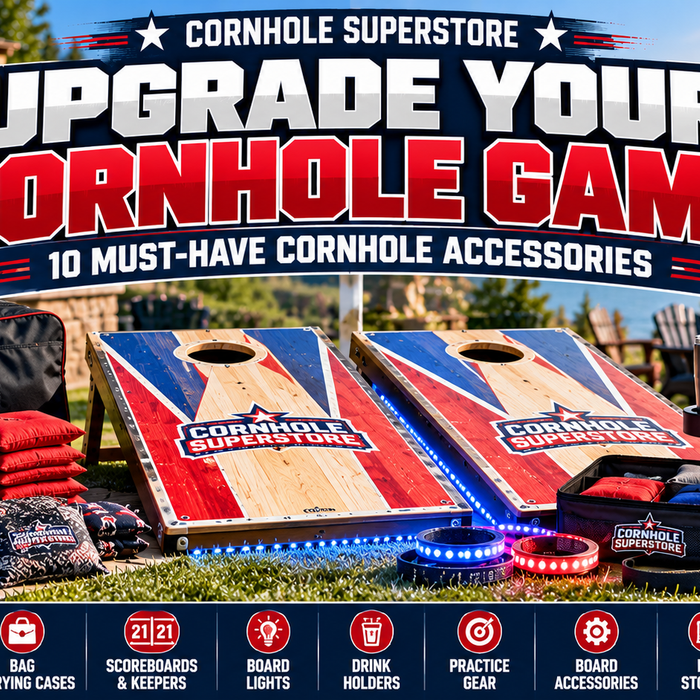 Cornhole accessories guide featuring carrying cases, cornhole bags, scorekeepers, board lights and other equipment for backyard and competitive players.