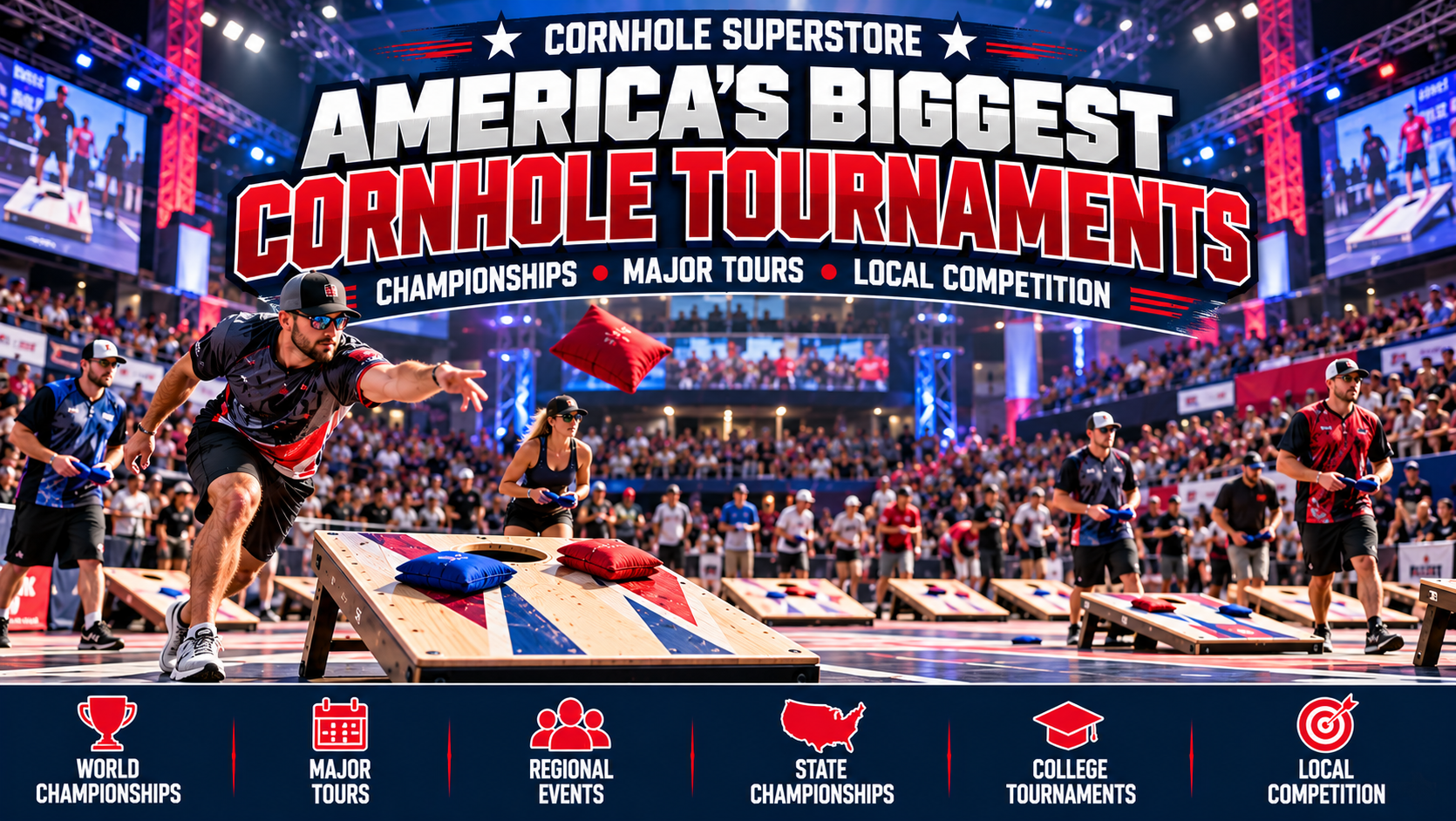 Professional cornhole players competing in a packed indoor tournament arena with regulation cornhole boards, spectators, and championship lighting, representing major cornhole tournaments across the USA.