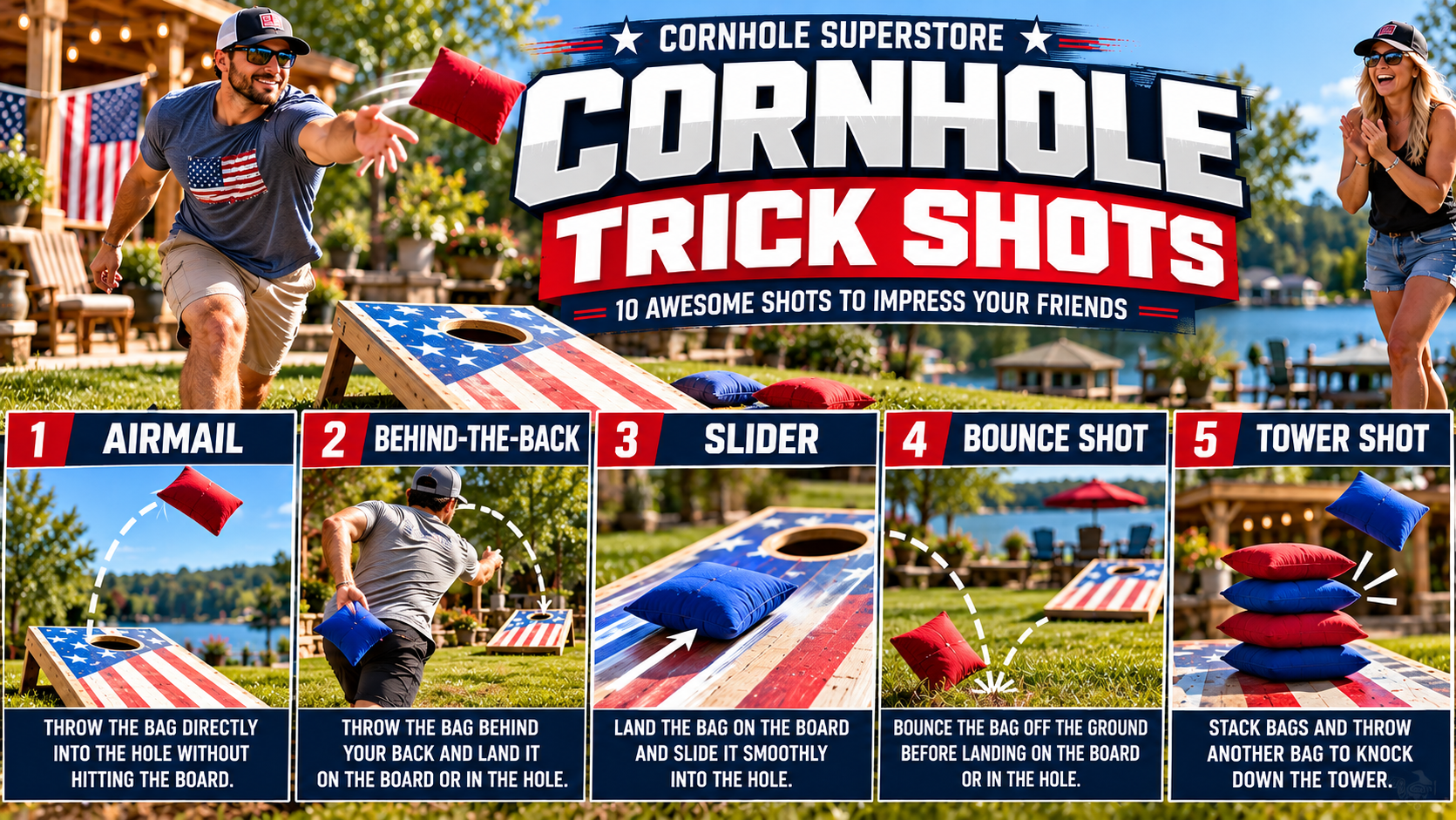 Cornhole trick shots guide showing airmail, behind-the-back, slider, bounce, and tower shots with patriotic cornhole boards.