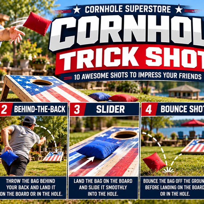 Cornhole trick shots guide showing airmail, behind-the-back, slider, bounce, and tower shots with patriotic cornhole boards.