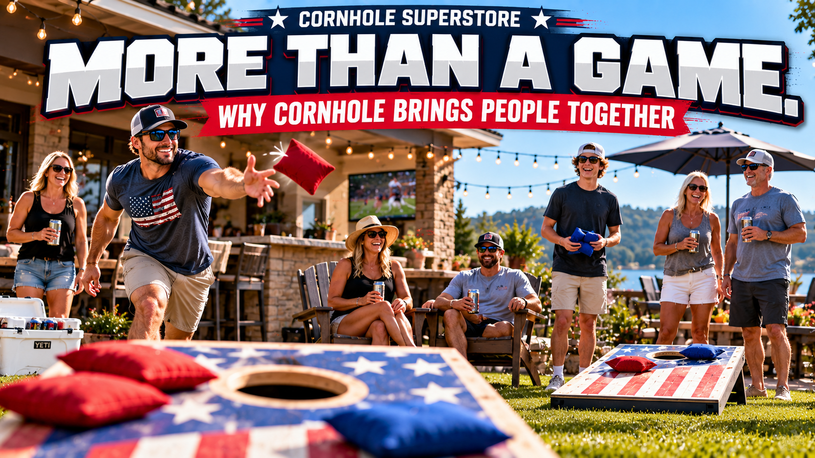 Friends and family playing cornhole together at a sunny backyard barbecue with cornhole boards and bags.