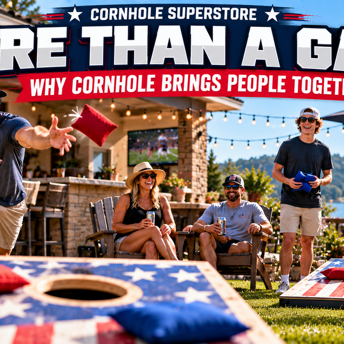Friends and family playing cornhole together at a sunny backyard barbecue with cornhole boards and bags.