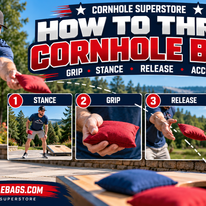 Cornhole player demonstrating proper bag throwing technique, including grip, stance, underhand release and follow-through.