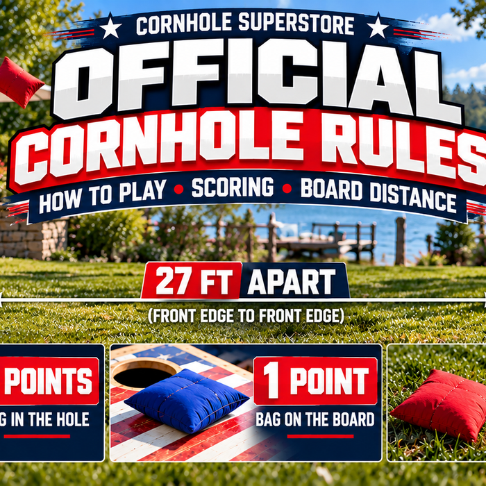 Official cornhole rules guide showing regulation cornhole boards, 27-foot board distance, and scoring of 3 points in the hole and 1 point on the board.