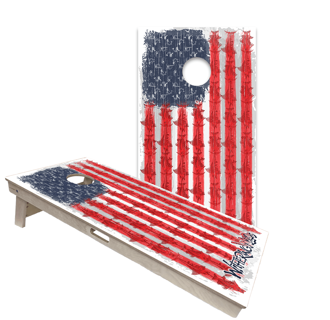 Hunting and fishing cornhole boards with deer, bass, wildlife and camouflage designs