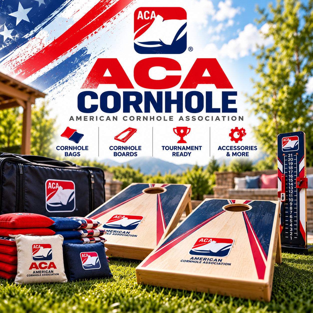 ACA cornhole bags and boards featuring American Cornhole Association branding, red and blue bags, wooden cornhole boards, and a tournament scorekeeper.
