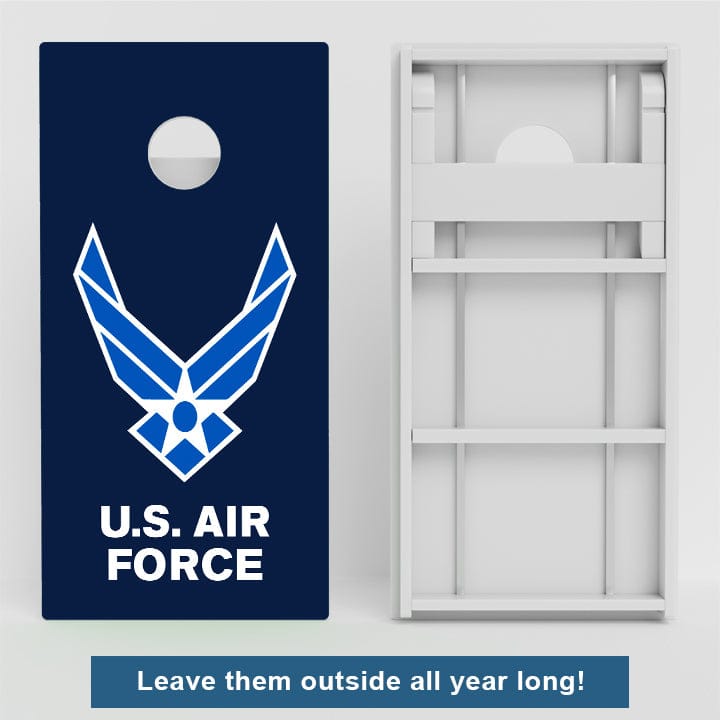 Military cornhole boards featuring Army, Navy, Marine Corps, Air Force and camouflage designs