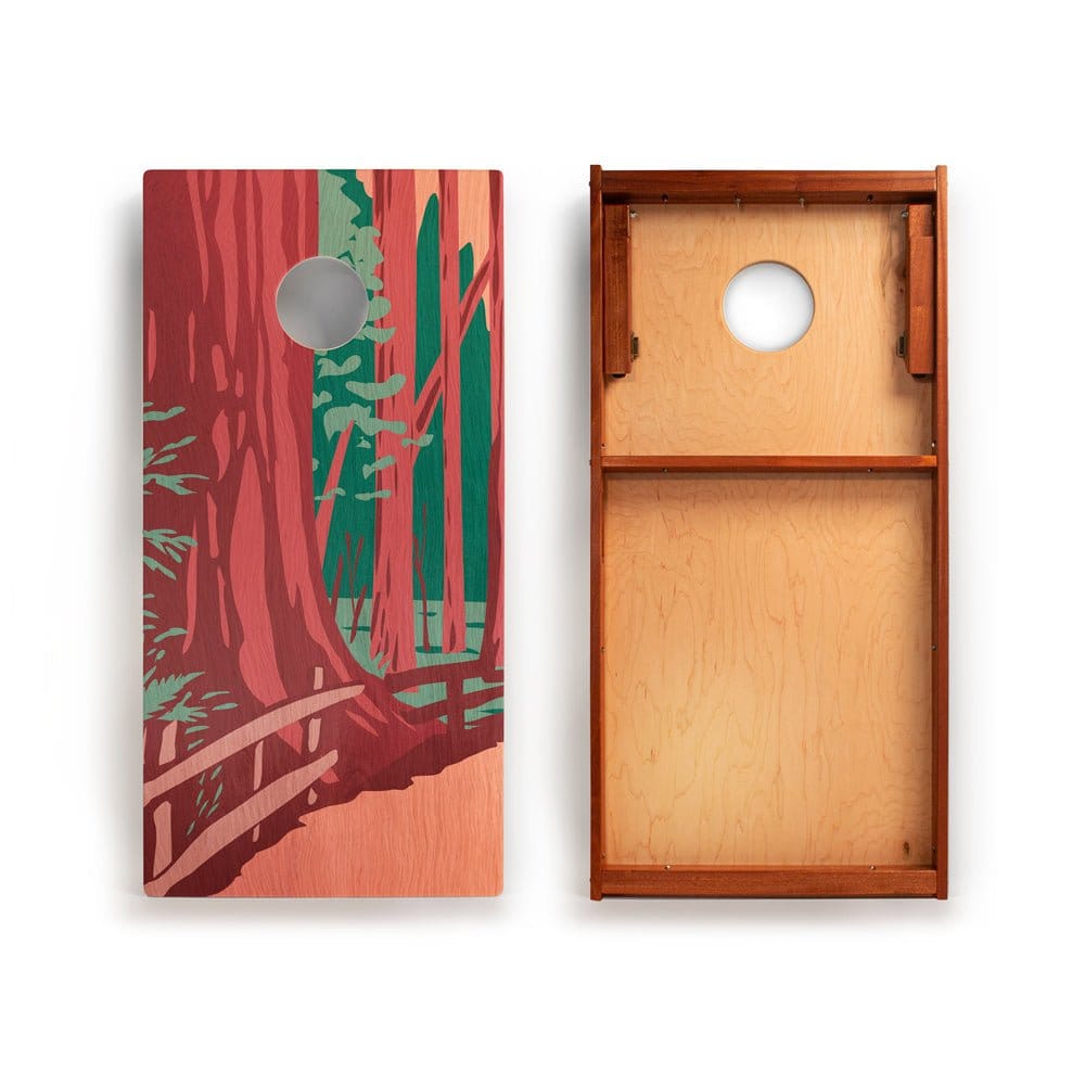 National Park cornhole boards with scenic mountain, canyon, forest and lake designs