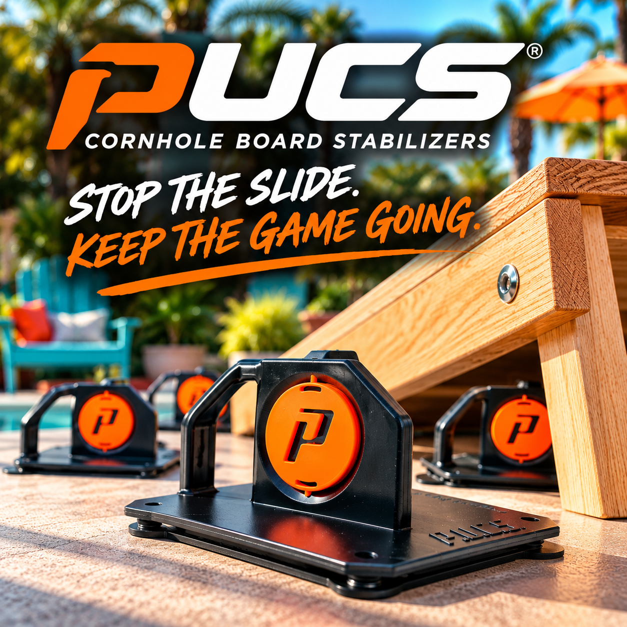 PUCS cornhole board stabilizers with black bases and orange logos displayed beside a wooden cornhole board in a sunny California backyard. Mobile collection banner for CornholeBags.com.
