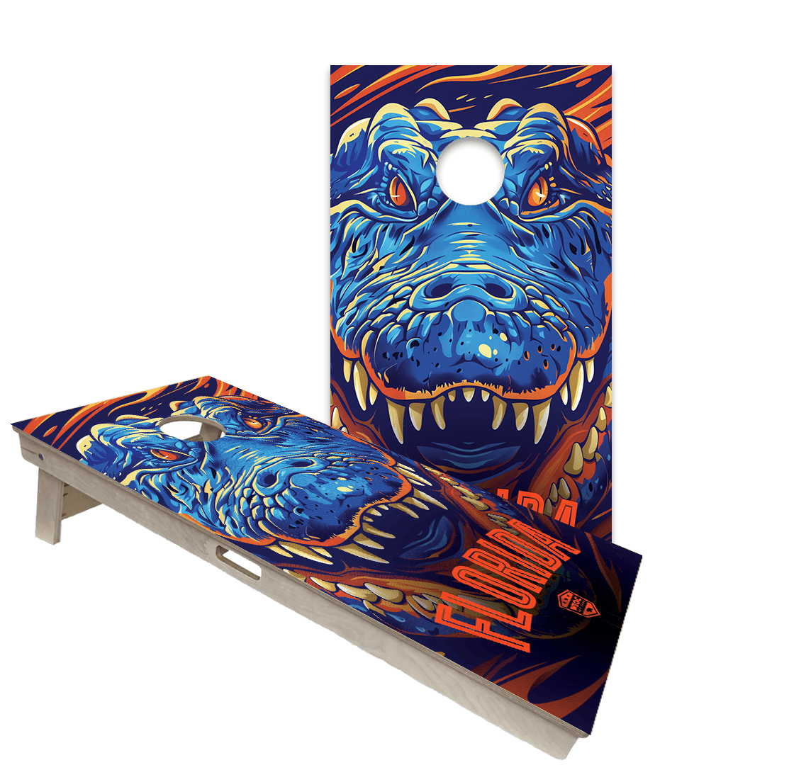 College sports town cornhole boards with game-day colors, campus-inspired graphics and rivalry designs