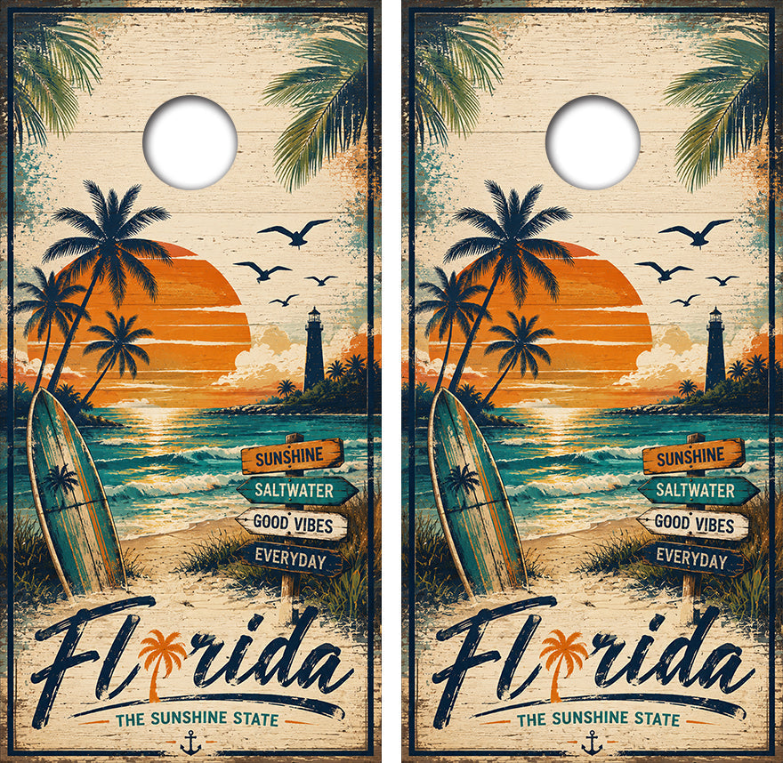 Beach, lake and coastal cornhole boards with surf, palm tree, nautical and waterfront designs