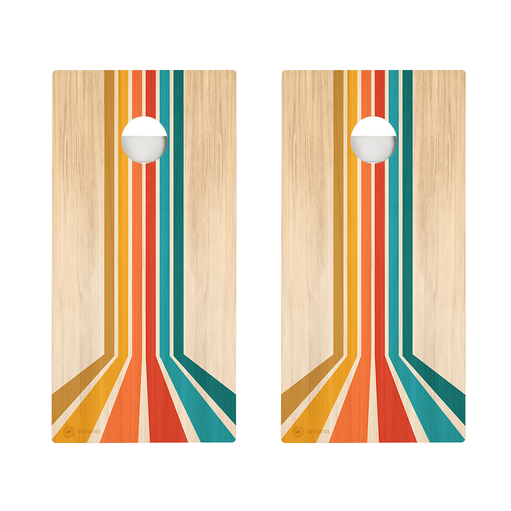 Retro cornhole boards with vintage stripes, woodgrain, neon, surf and geometric designs