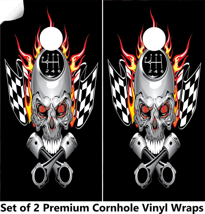 Racing Skull Cornhole Boards Wraps (Set of 2)