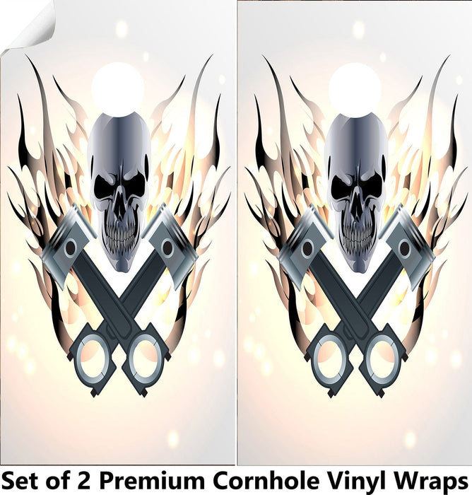 White Flame Skull Cornhole Boards Wraps (Set of 2)