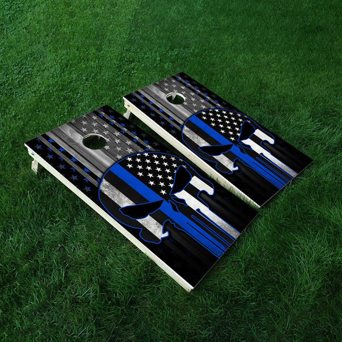 Blue Lines Skull Cornhole Boards Wraps (Set of 2)