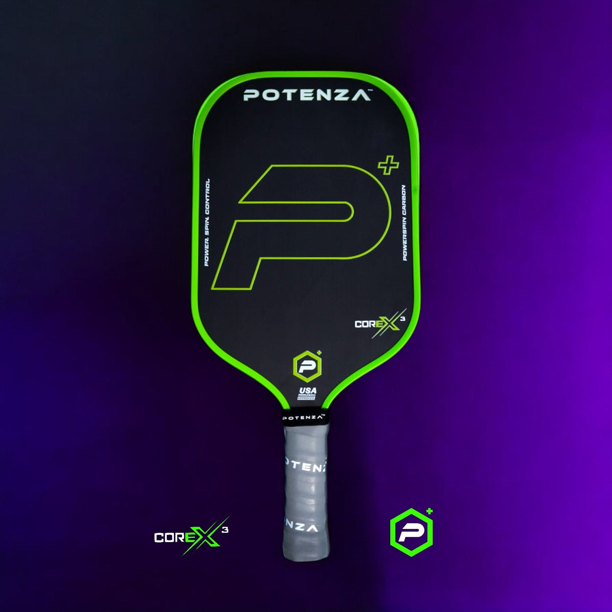 PRO Paddles P+ PowerSpin Carbon COREx3 (Neon Green, Elongated Face)