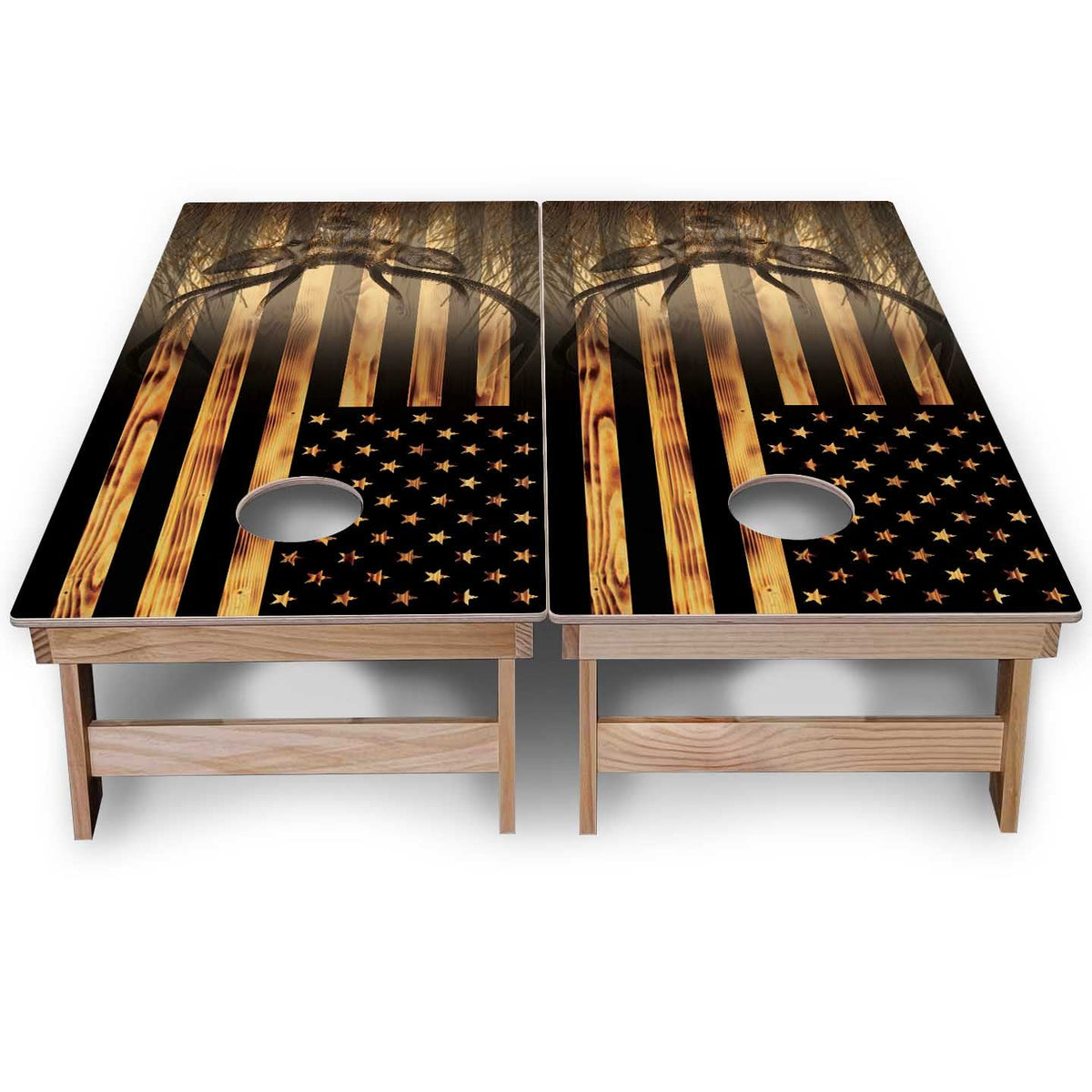 Hidden Deer & Fish Burnt Flag Cornhole Boards - Backyard Series