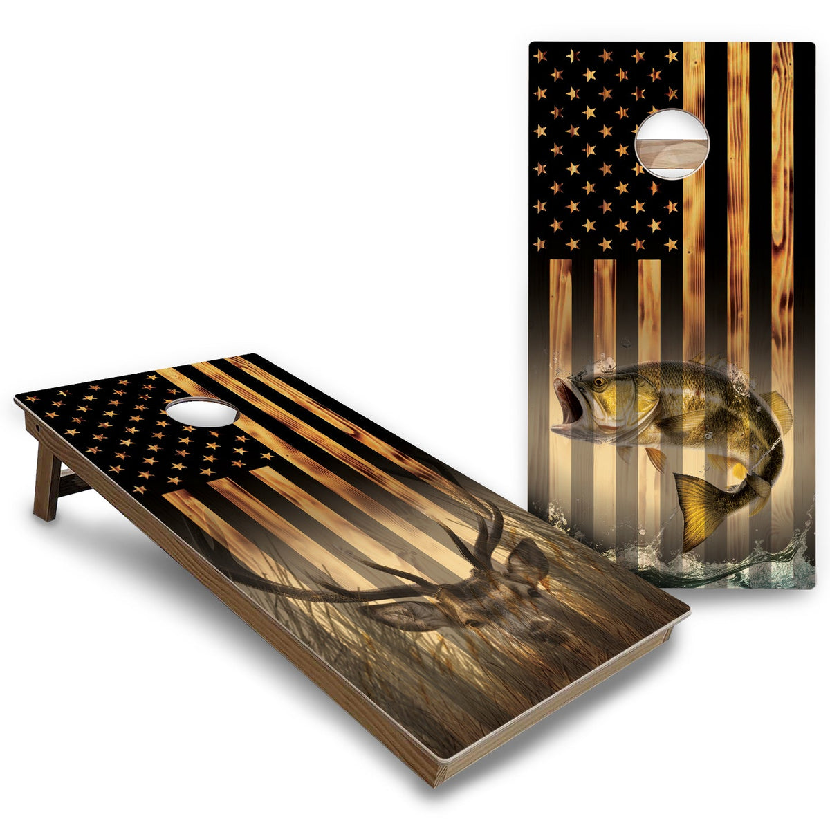 Hidden Deer & Fish Burnt Flag Cornhole Boards - Backyard Series