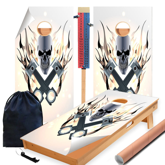 White Flame Skull Cornhole Boards Wraps (Set of 2)