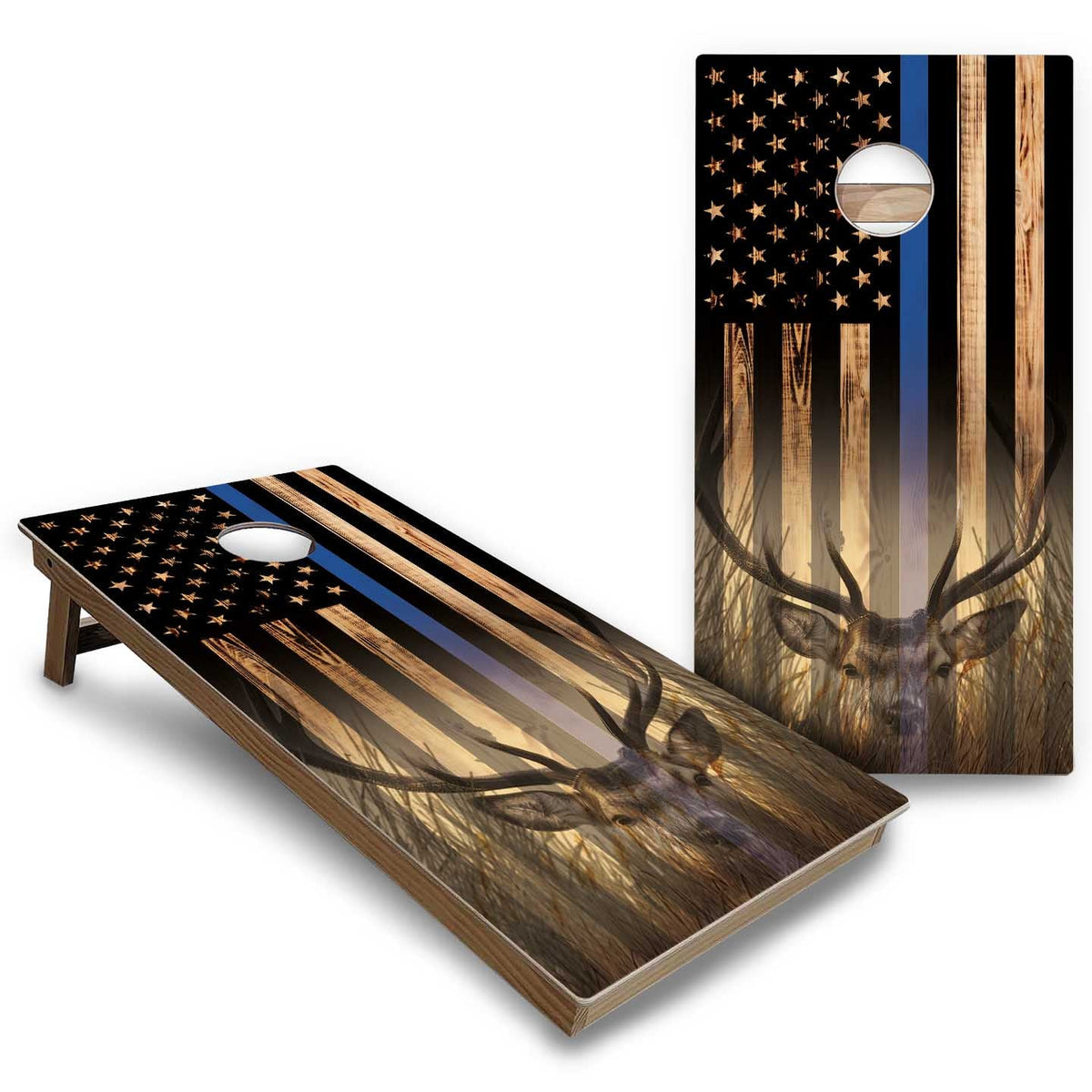 Hidden Deer & Fish Burnt Flag Cornhole Boards - Backyard Series