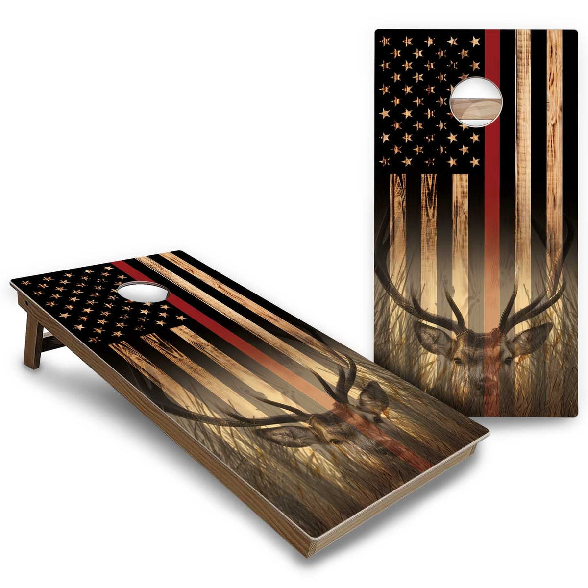 Hidden Deer & Fish Burnt Flag Cornhole Boards - Backyard Series