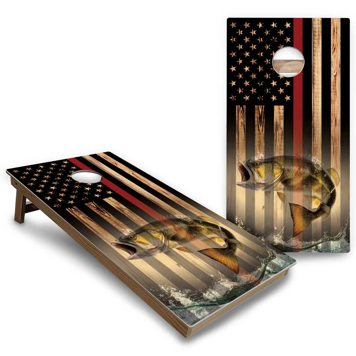 Hidden Deer & Fish Burnt Flag Cornhole Boards - Backyard Series