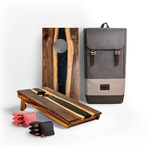 Cornhole Boards Black 1ft x 2ft Resin & Wood Travel Cornhole Set | Live Edge River Collection