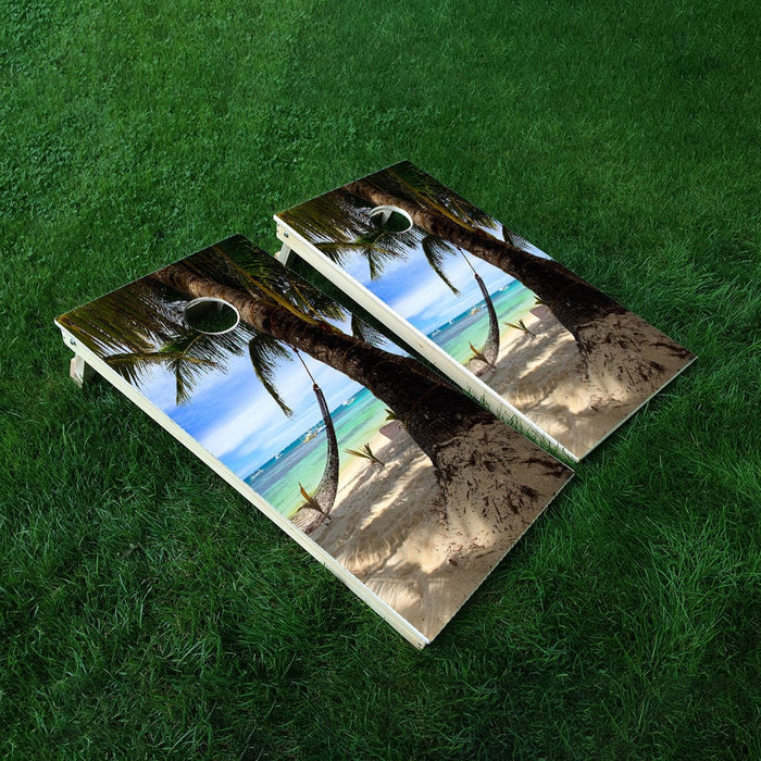 Palm Tree on Beach-1 Cornhole Boards Wraps (Set of 2)