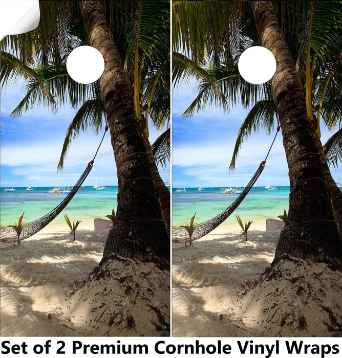 Palm Tree on Beach-1 Cornhole Boards Wraps (Set of 2)