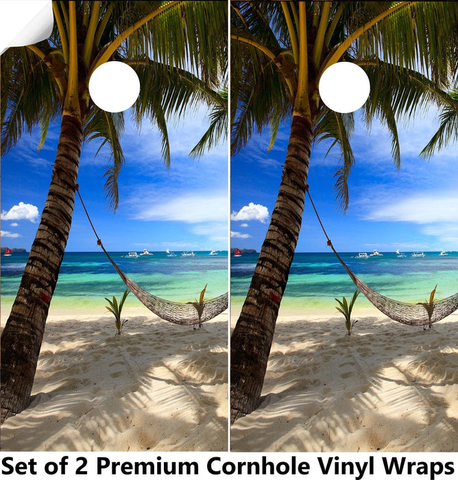 Palm Tree on Beach-2 Cornhole Boards Wraps (Set of 2)
