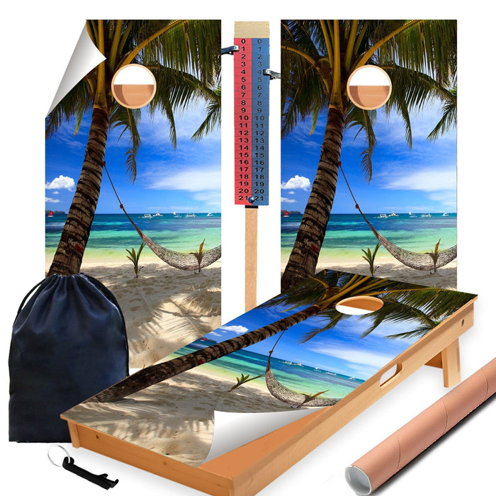 Palm Tree on Beach-2 Cornhole Boards Wraps (Set of 2)