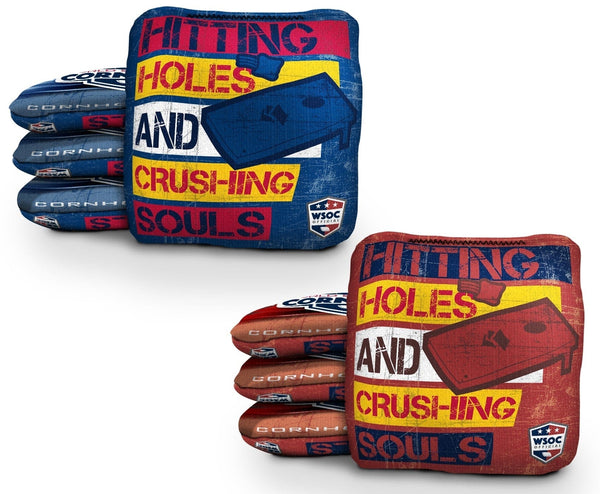Cornhole Bags 8 Pro Cornhole Bag Set - Hittin Holes & Crushing Souls - Blue & Red