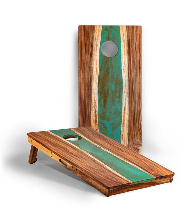Cornhole Boards Teal and Orange 2ft x 4ft Resin & Wood Classic Cornhole Set | Live Edge River Collection