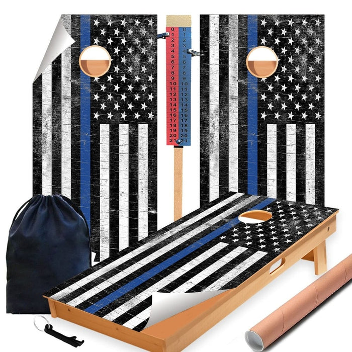 Rustic Blue Line Cornhole Boards Wraps (Set of 2)