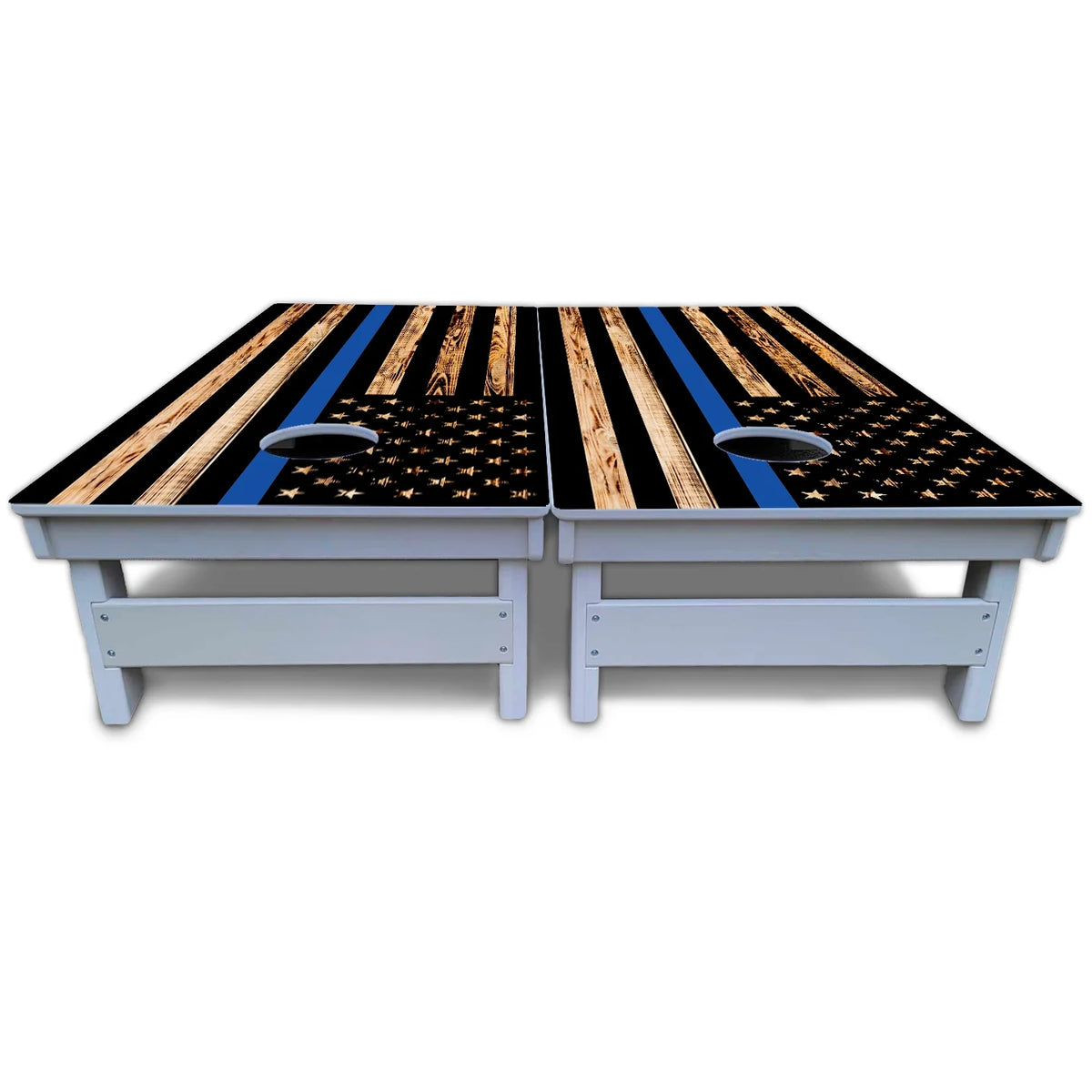 Blue & Red Line Burnt Flag Cornhole Boards - All Weather Series