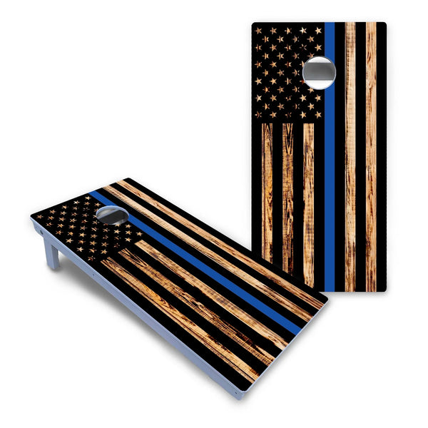 Blue & Red Line Burnt Flag Cornhole Boards - All Weather Series