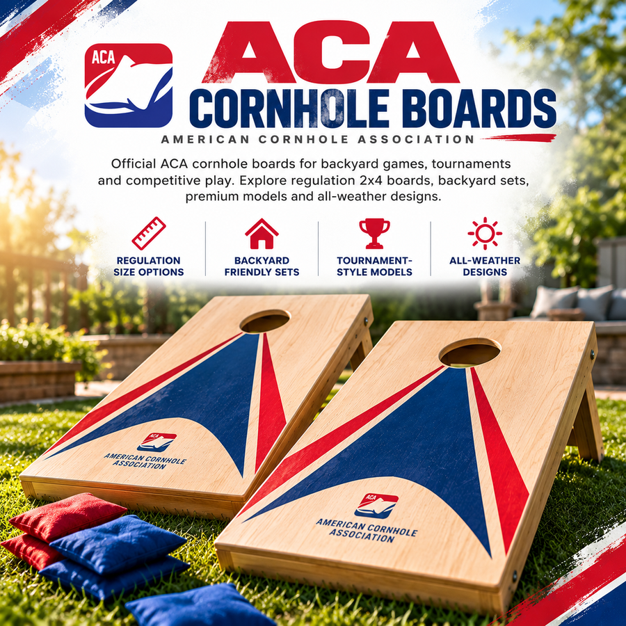 ACA Cornhole Boards collection featuring two regulation 2x4 wooden cornhole boards with ACA logos, red and blue cornhole bags, and backyard playing setup.