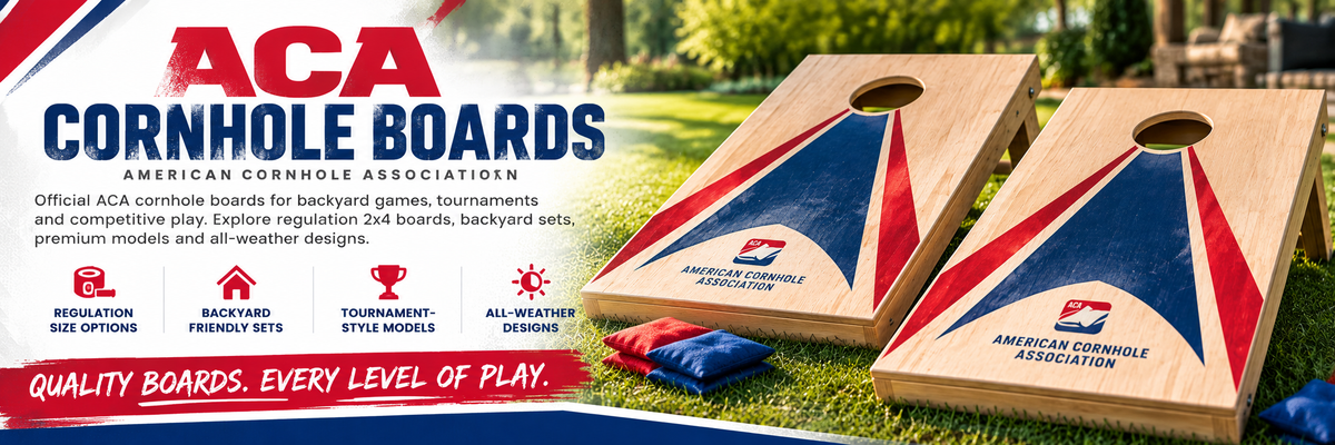 ACA Cornhole Boards featuring regulation-size wooden cornhole boards with red and blue designs, American Cornhole Association branding, and backyard tournament equipment.