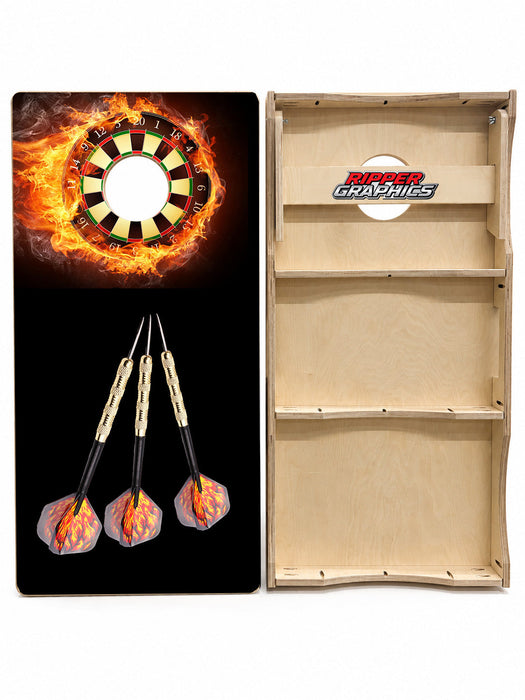 Flaming Dart Board With Darts Cornhole Design