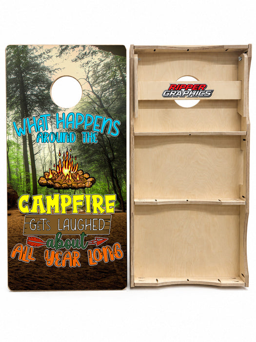 What Happens Around the Campfire Cornhole Design