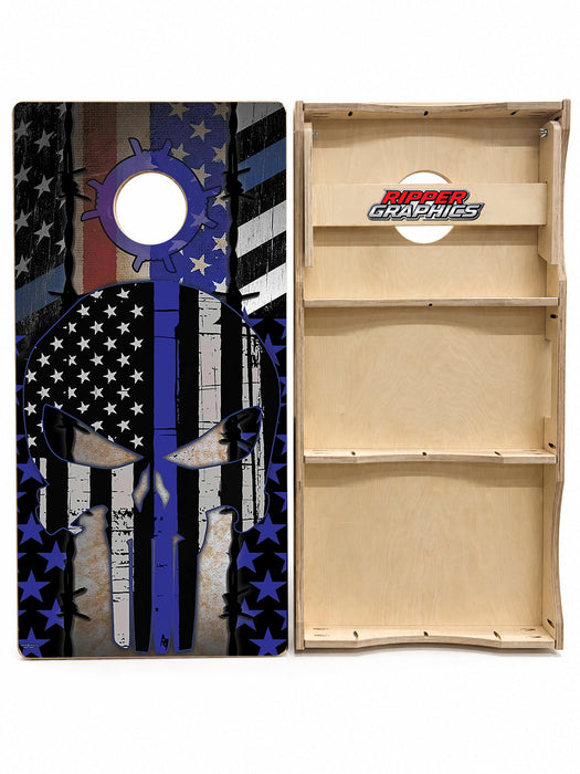 Blue Lives Matter Punisher Skull Cornhole Design