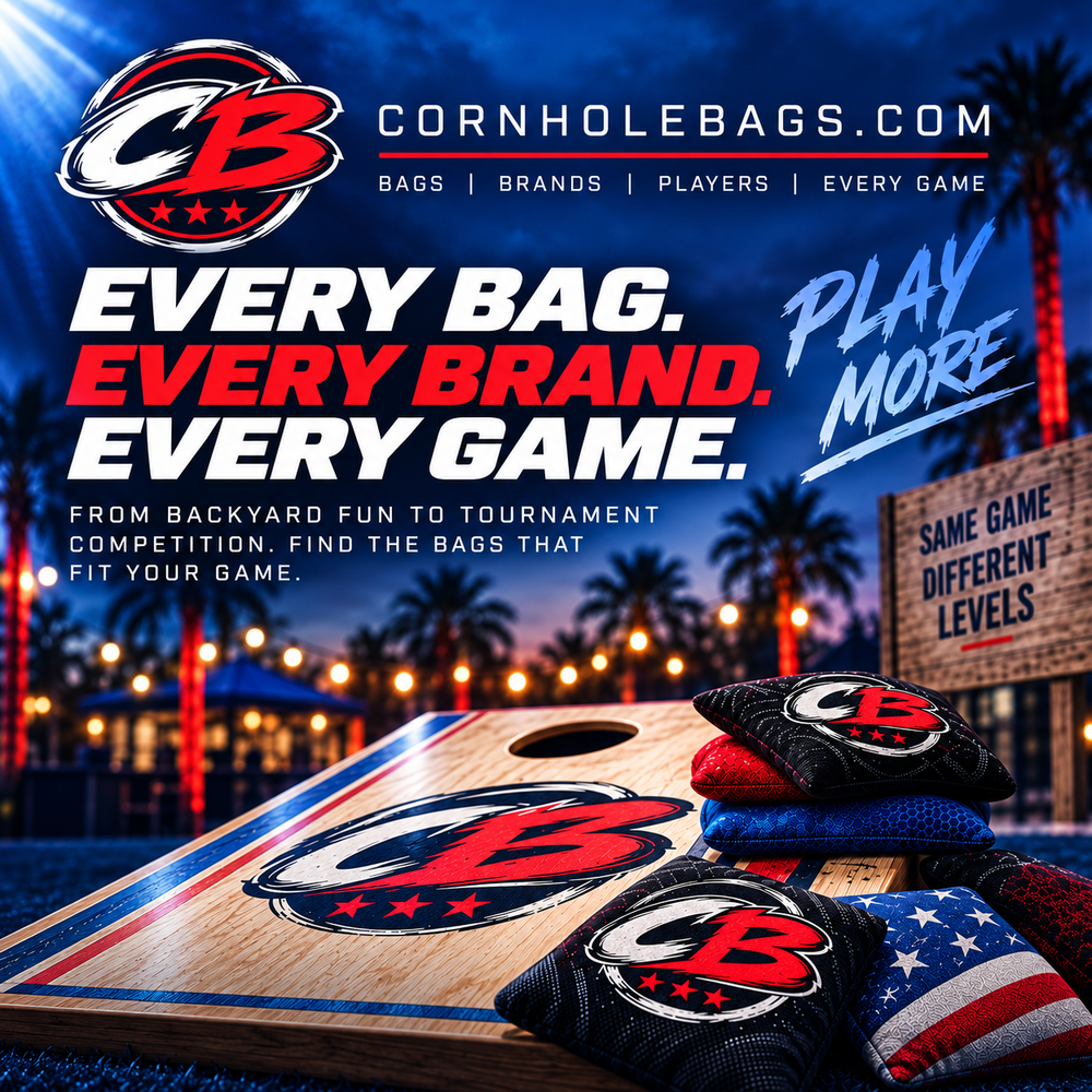Cornhole bags and a regulation board at an outdoor evening tournament