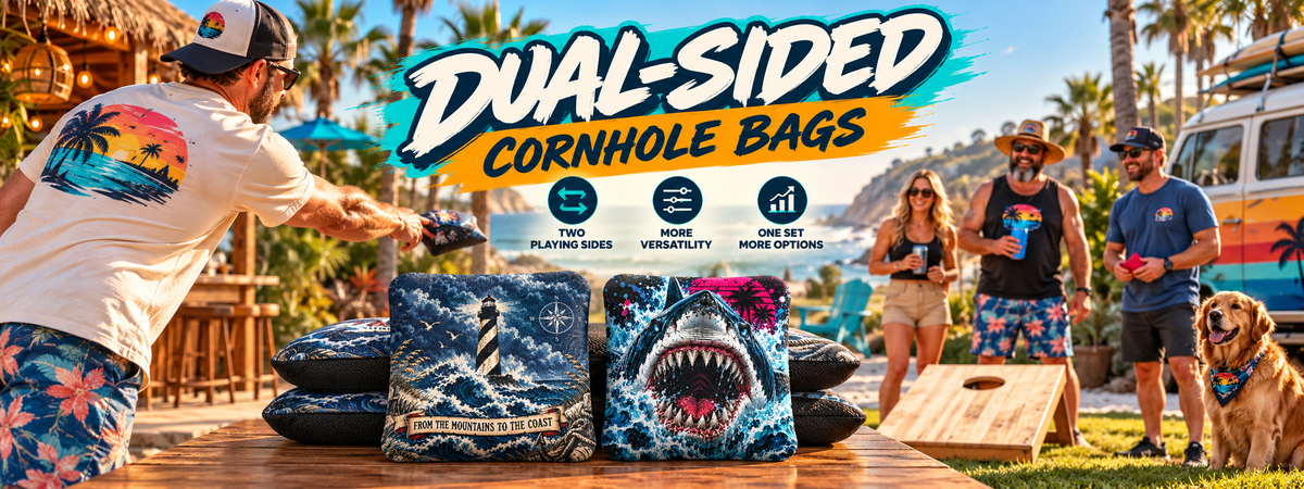 Group of Friends playing cornhole near the beach with dual sided cornhole bags