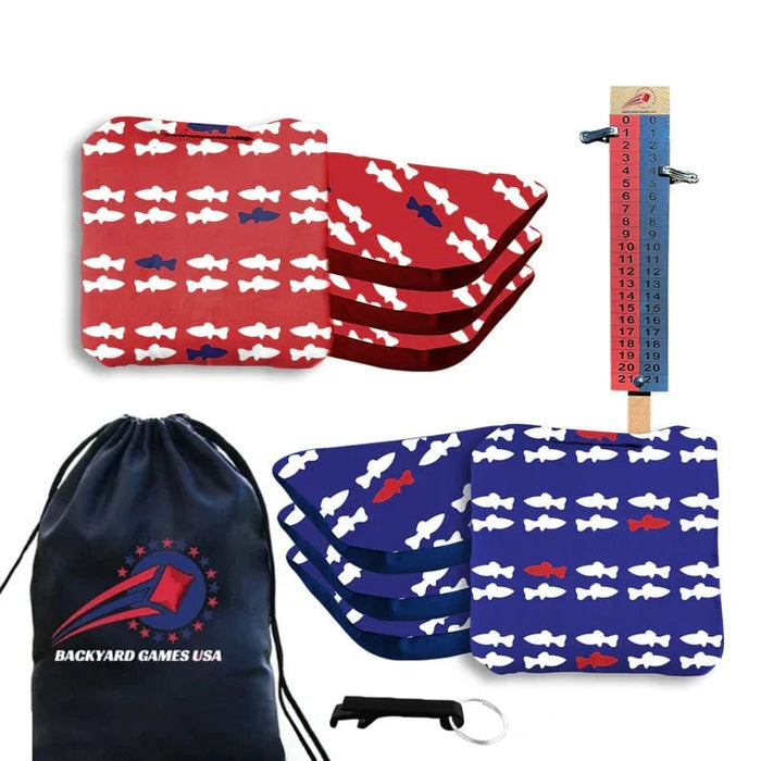 Professional Red Blue Fish Cornhole Bags - Set of 8
