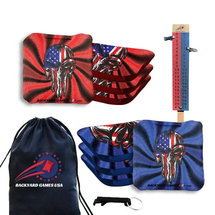 Professional Red Blue Skull Cornhole Bags - Set of 8