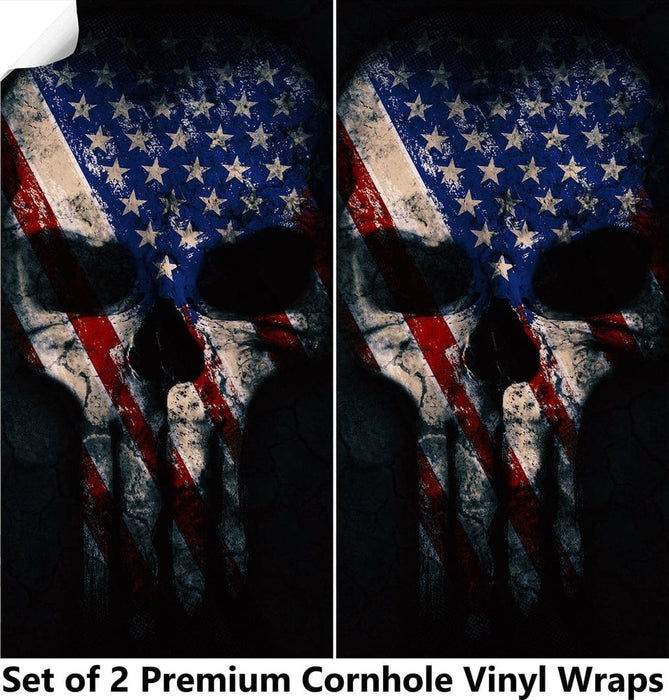 Punisher Red Blue Skull Cornhole Boards Wraps (Set of 2)