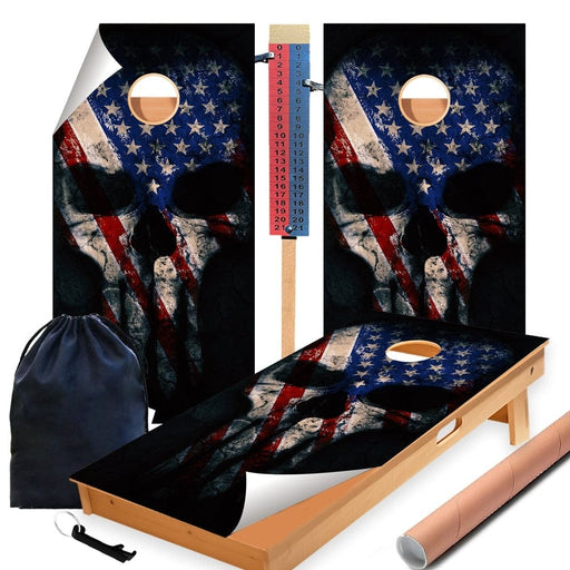 Punisher Red Blue Skull Cornhole Boards Wraps (Set of 2)