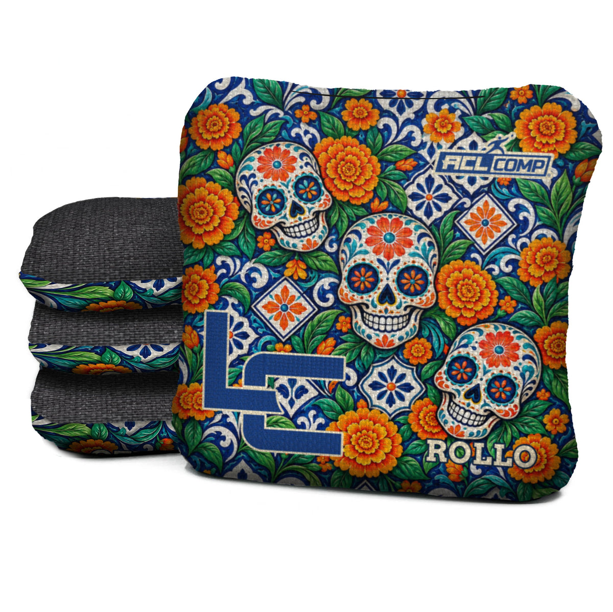 Calavera Marigold Mosaic - Cornhole Bags - Multiple Series - Set of 4