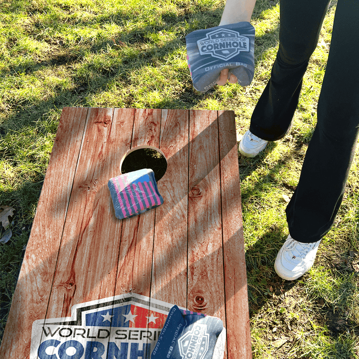 Recreational Cornhole Set World Series of Cornhole Recreational Cornhole Set - WSOC Weathered Woodgrain Boards with Red and Blue Bags